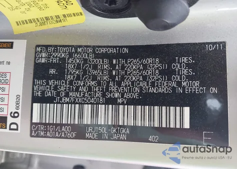 2012 Lexus Gx 460 z USA, uszkodzony, nr VIN JTJBM7FXXC5040181